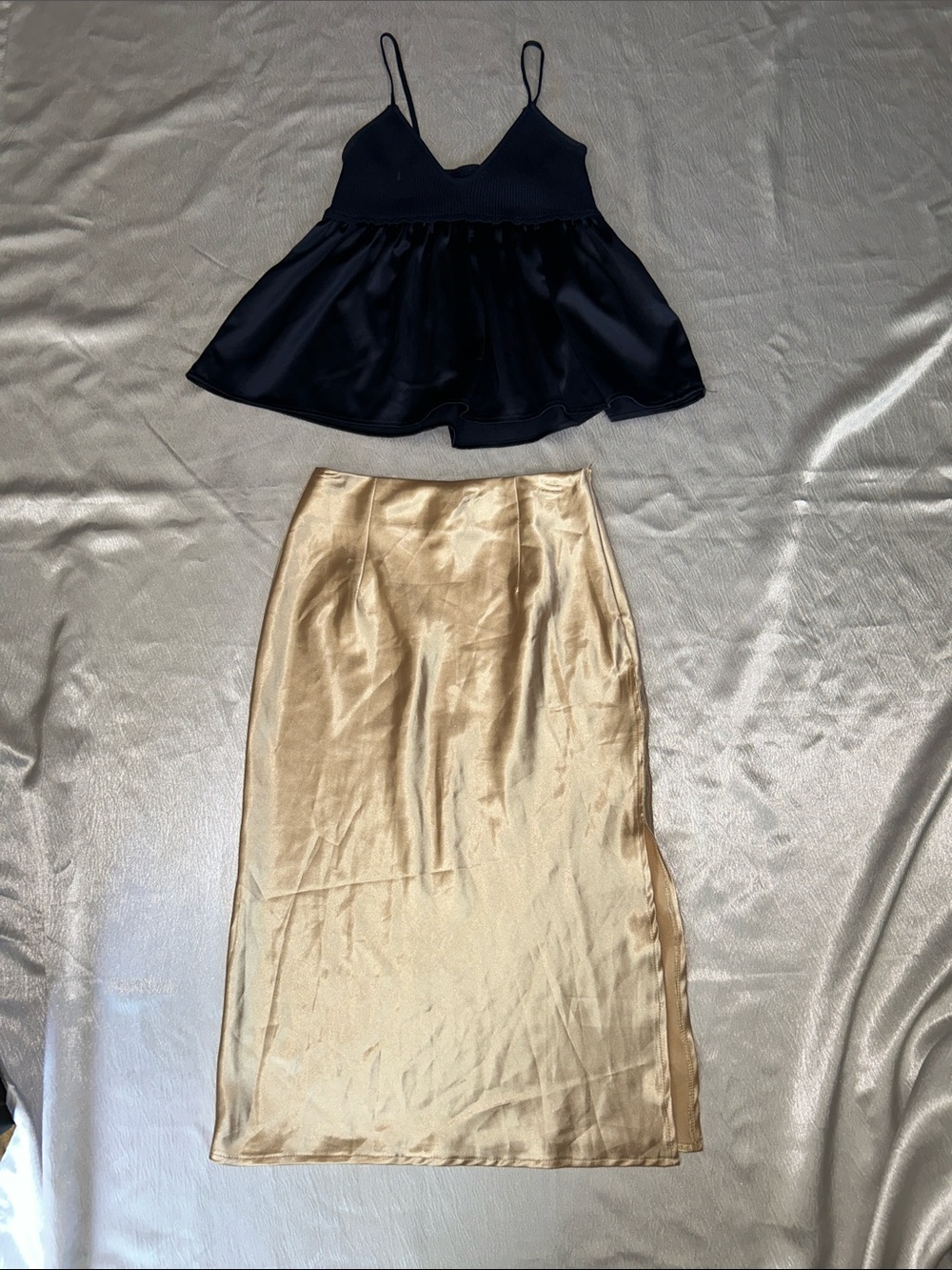 Satin Midi Skirt in Gold + top marine blue small set 2 pieces